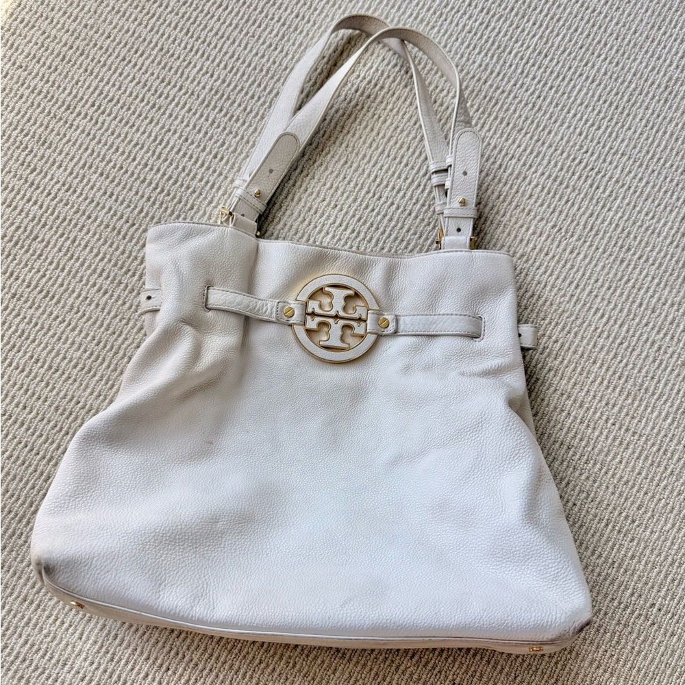 Tory Burch Cream Pebbled Leather Logo Tote with Gold Accent